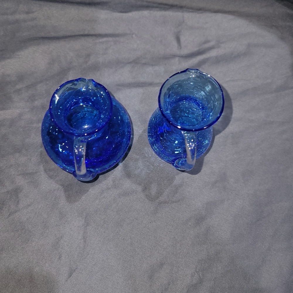 Vintage Mid Century Blue Hand Blown Crackle Small Pitchers Set Of 2 - Picture 7 of 10